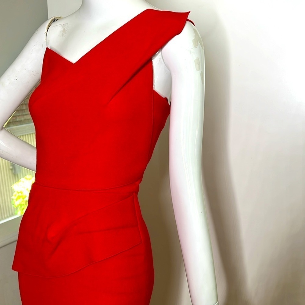 Roland Mouret Sz 2 Red Crepe Wool Pernice One Shoulder Back Zip Dress — image 6 of 8